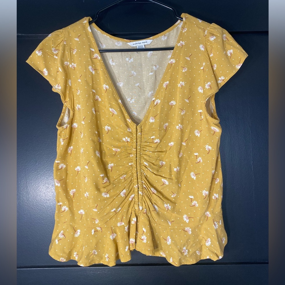 American Eagle Outfitters Mustard Yellow Floral Ruched V-Neck Top